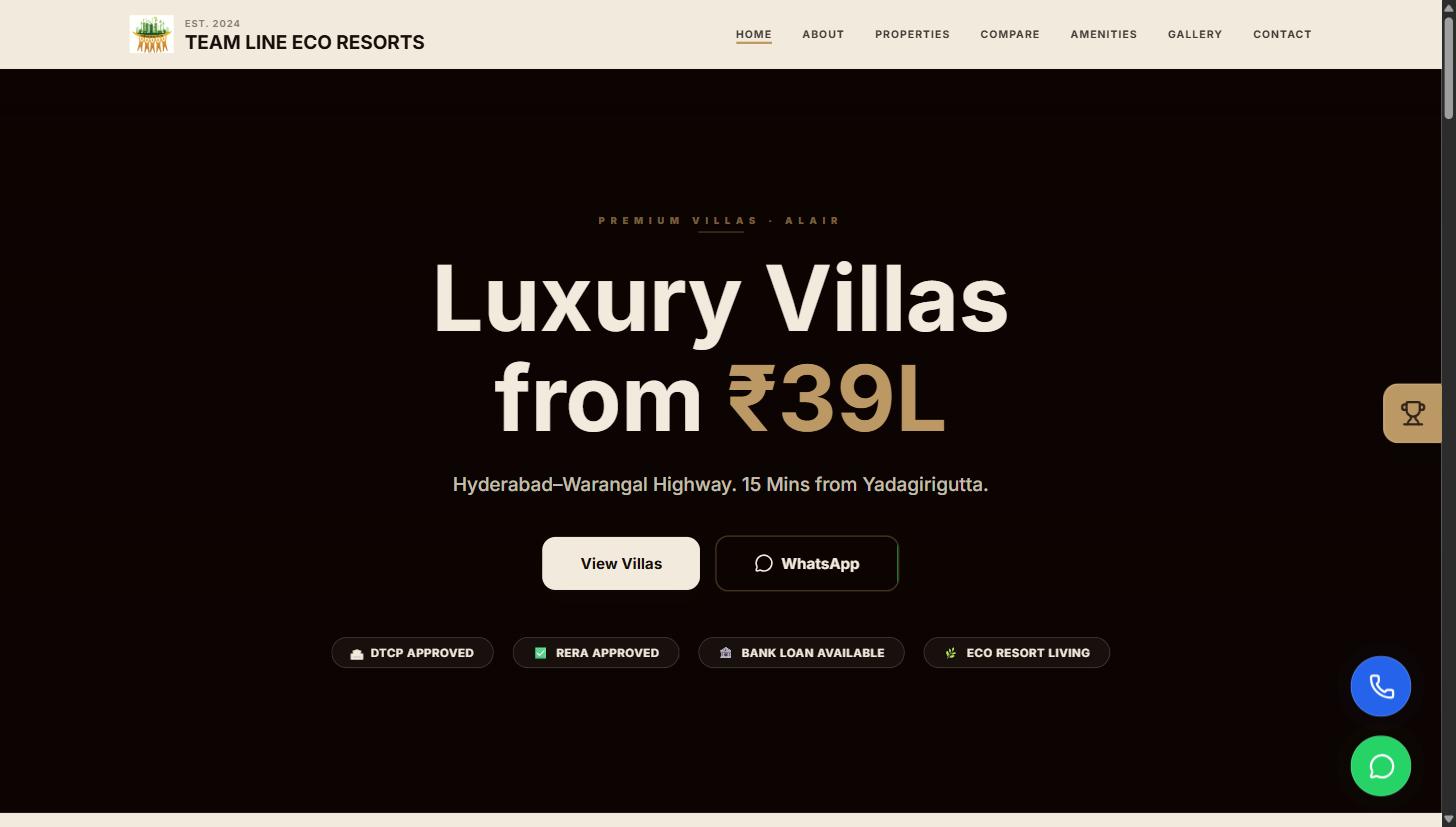 Teamline Eco Resorts real estate home page with villa pricing and location
